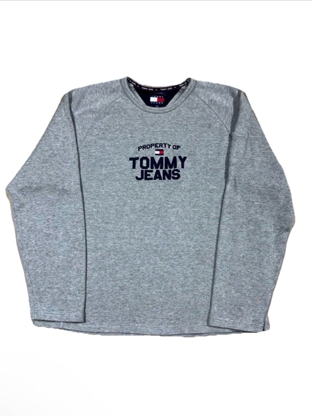 Vintage Tommy Jeans Spellout Logo Gray Crew Neck Sweater Sweatshirt Size XXL